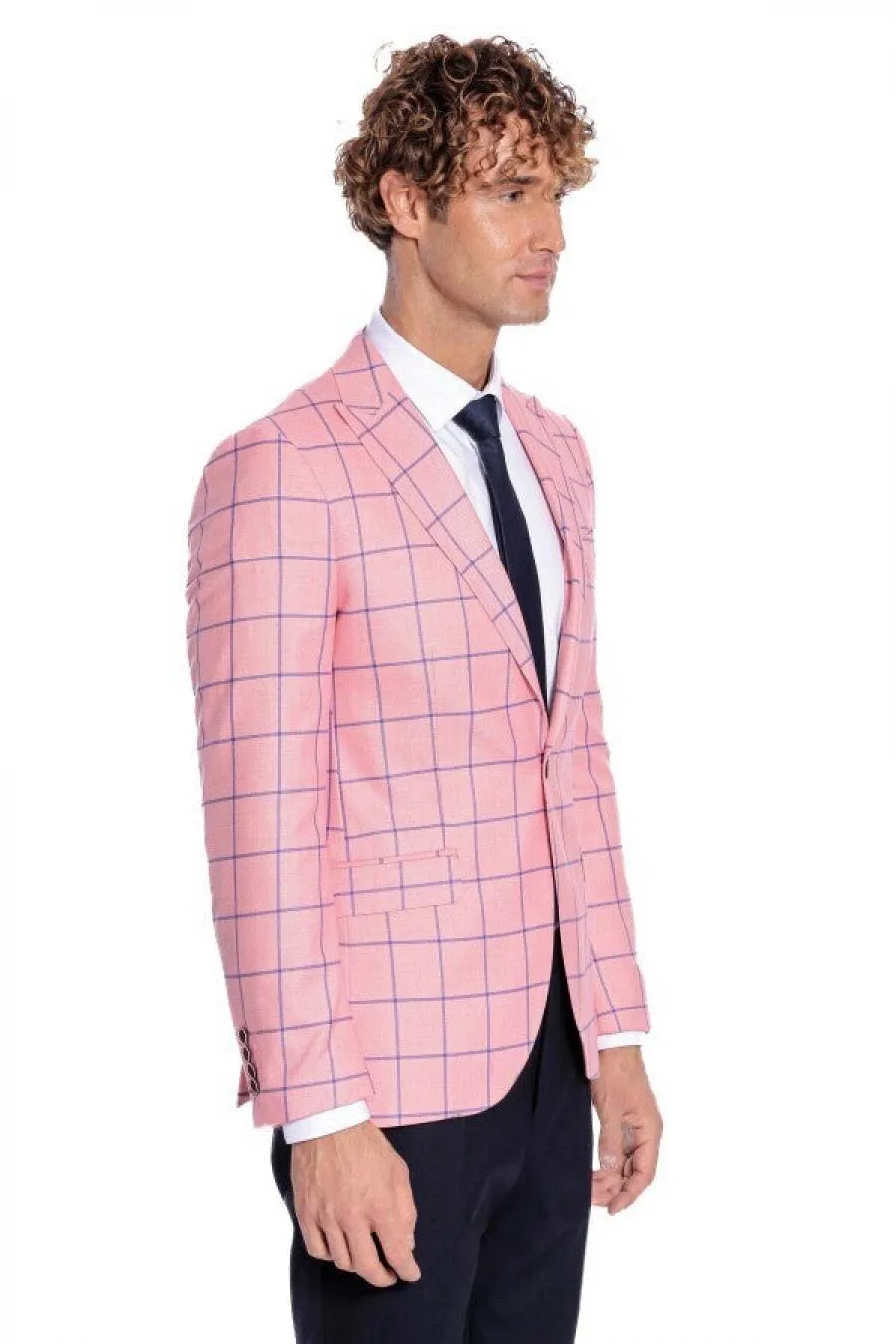 Mavi Kare Desenli Slim Fit Pembe Erkek Ceket - Wessi