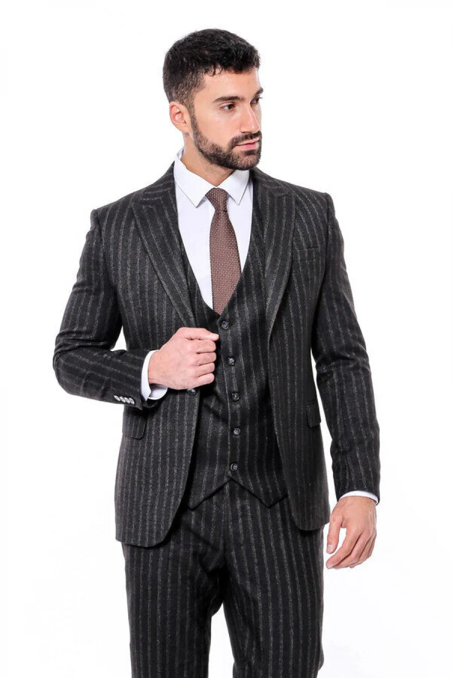 Çizgili Yelekli Siyah Slim Fit Erkek Takım Elbise - Wessi