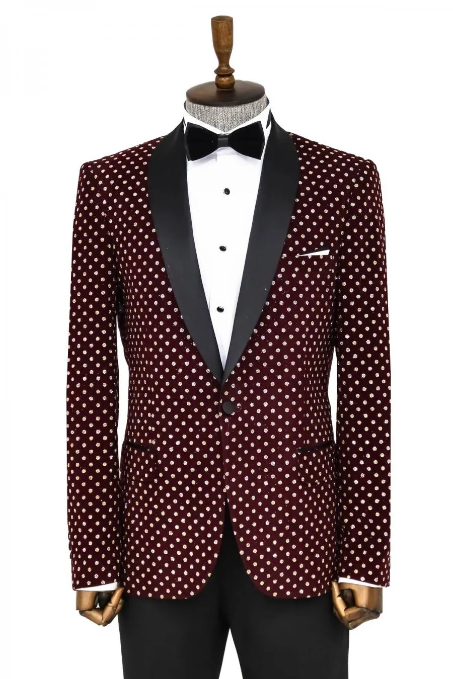 Nokta Desenli Slim Fit Bordo Erkek Smokin Ceket - Wessi