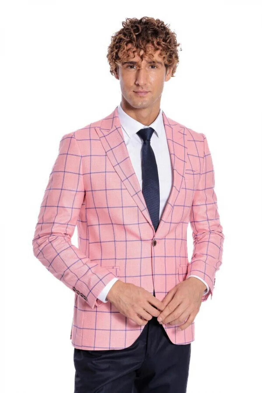 Mavi Kare Desenli Slim Fit Pembe Erkek Ceket - Wessi