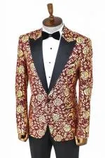 Gold Gül Desenli Slim Fit Bordo Erkek Smokin Ceket - Wessi