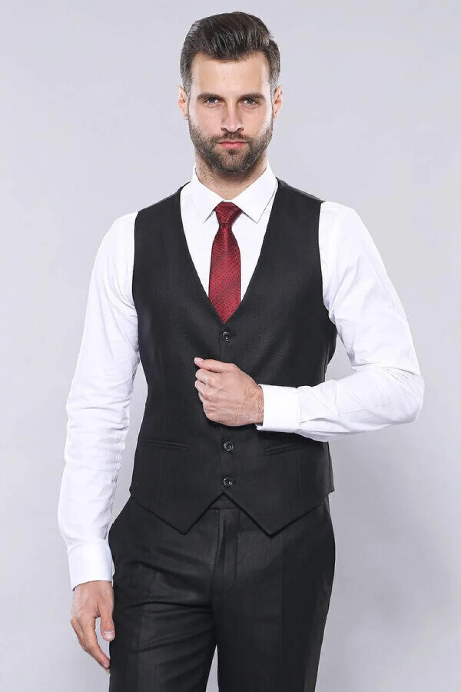 Ekose Ceket Yelekli Slim Fit Siyah Takım Elbise | Wessi