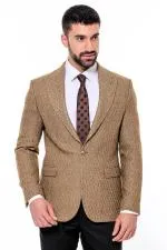 Kendinden Desenli Slim Fit Yün Taba Erkek Ceket - Wessi