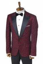 Hipnoz Desen Sivri Yaka Slim Fit Bordo Erkek Smokin Ceket - Wessi