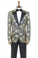 Gold Gül Desenli Slim Fit Lacivert Erkek Smokin Ceket - Wessi