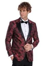 Floral Desenli Slim Fit Bordo Erkek Smokin Ceket - Wessi