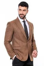 Slim Fit Desenli Açık Kahverengi Erkek Ceket - Wessi