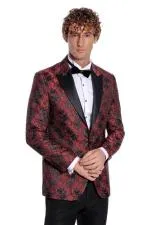 Floral Desenli Slim Fit Bordo Erkek Smokin Ceket - Wessi