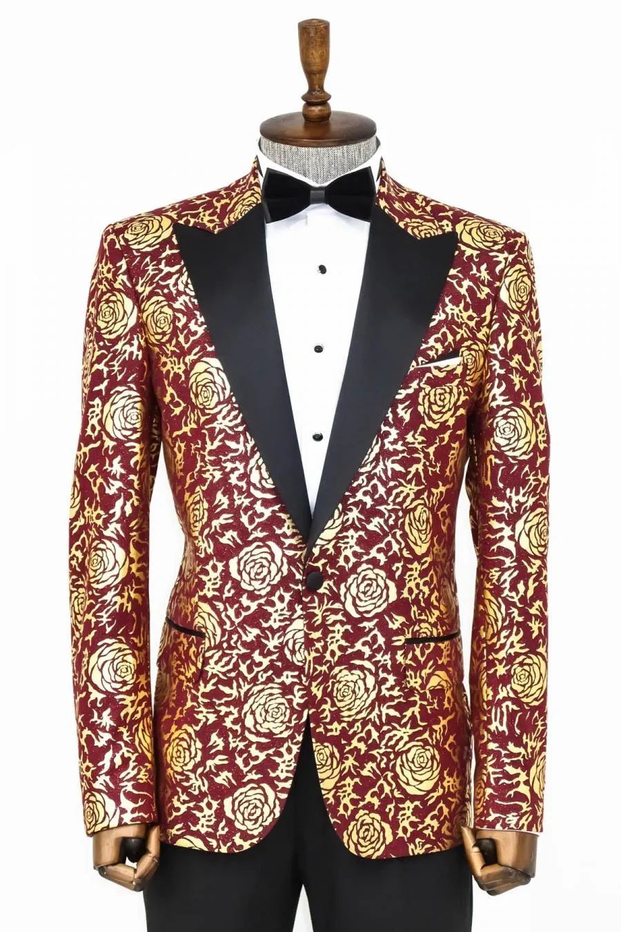 Gold Gül Desenli Slim Fit Bordo Erkek Smokin Ceket - Wessi