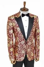 Gold Gül Desenli Slim Fit Bordo Erkek Smokin Ceket - Wessi