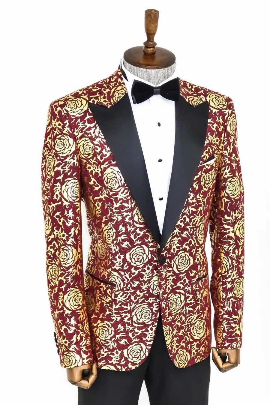 Gold Gül Desenli Slim Fit Bordo Erkek Smokin Ceket - Wessi