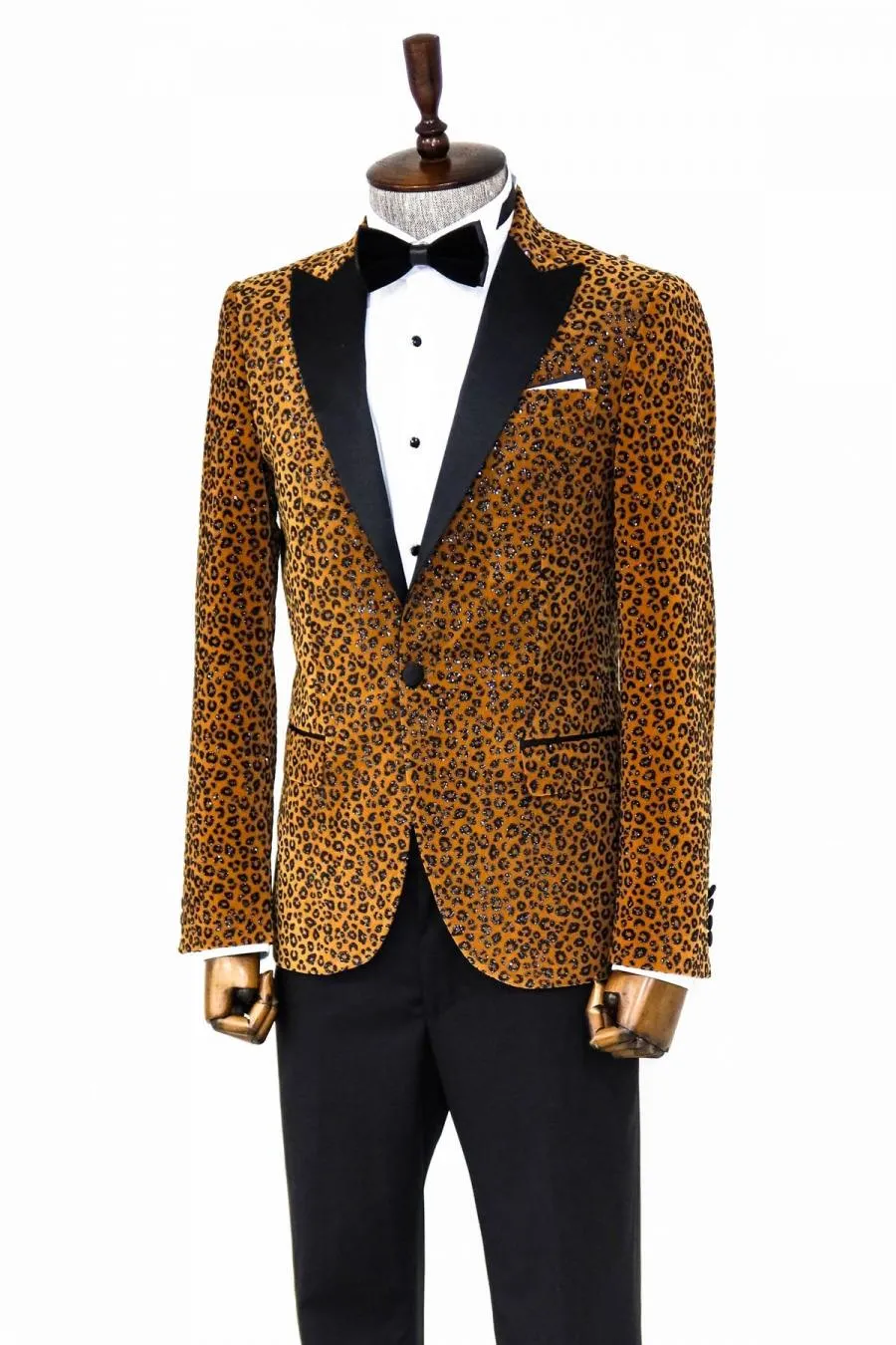 Leopar Desenli Slim Fit Dik Yaka Sarı Erkek Balo Ceket - Wessi