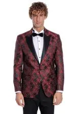 Floral Desenli Slim Fit Bordo Erkek Smokin Ceket - Wessi