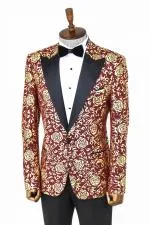 Gold Gül Desenli Slim Fit Bordo Erkek Smokin Ceket - Wessi