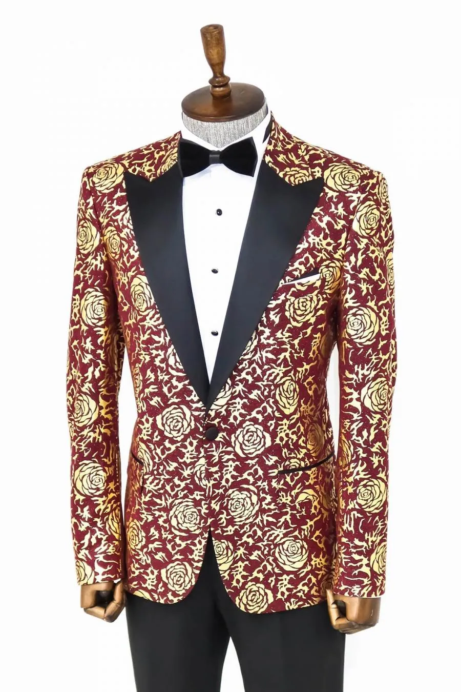 Gold Gül Desenli Slim Fit Bordo Erkek Smokin Ceket - Wessi