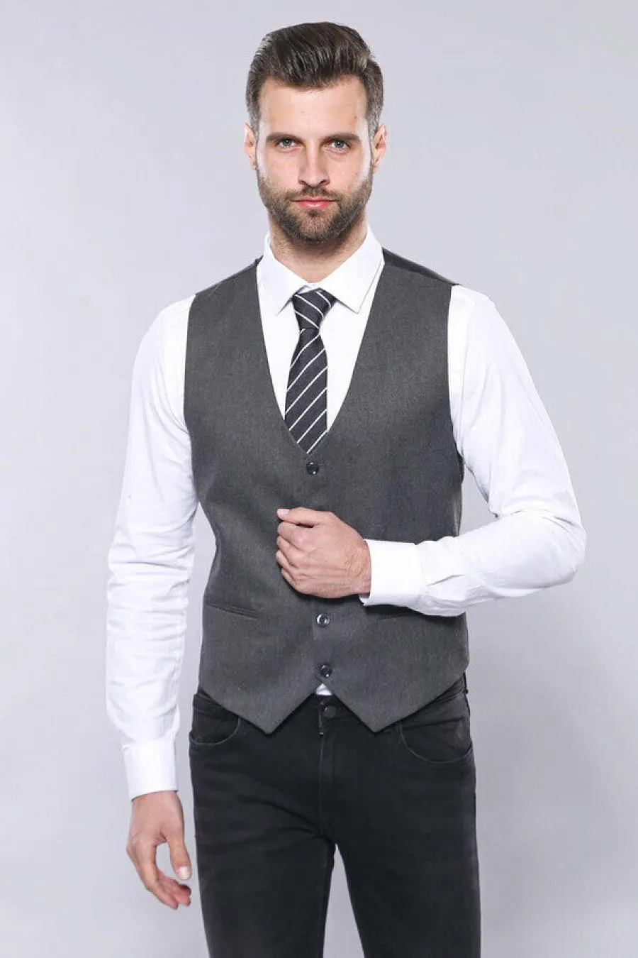 Düz Gri Slim Fit Yelek Ceket Set | Wessi