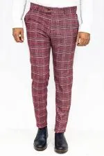 Ekose Desenli Slim Fit Bordo Erkek Pantolon - Wessi