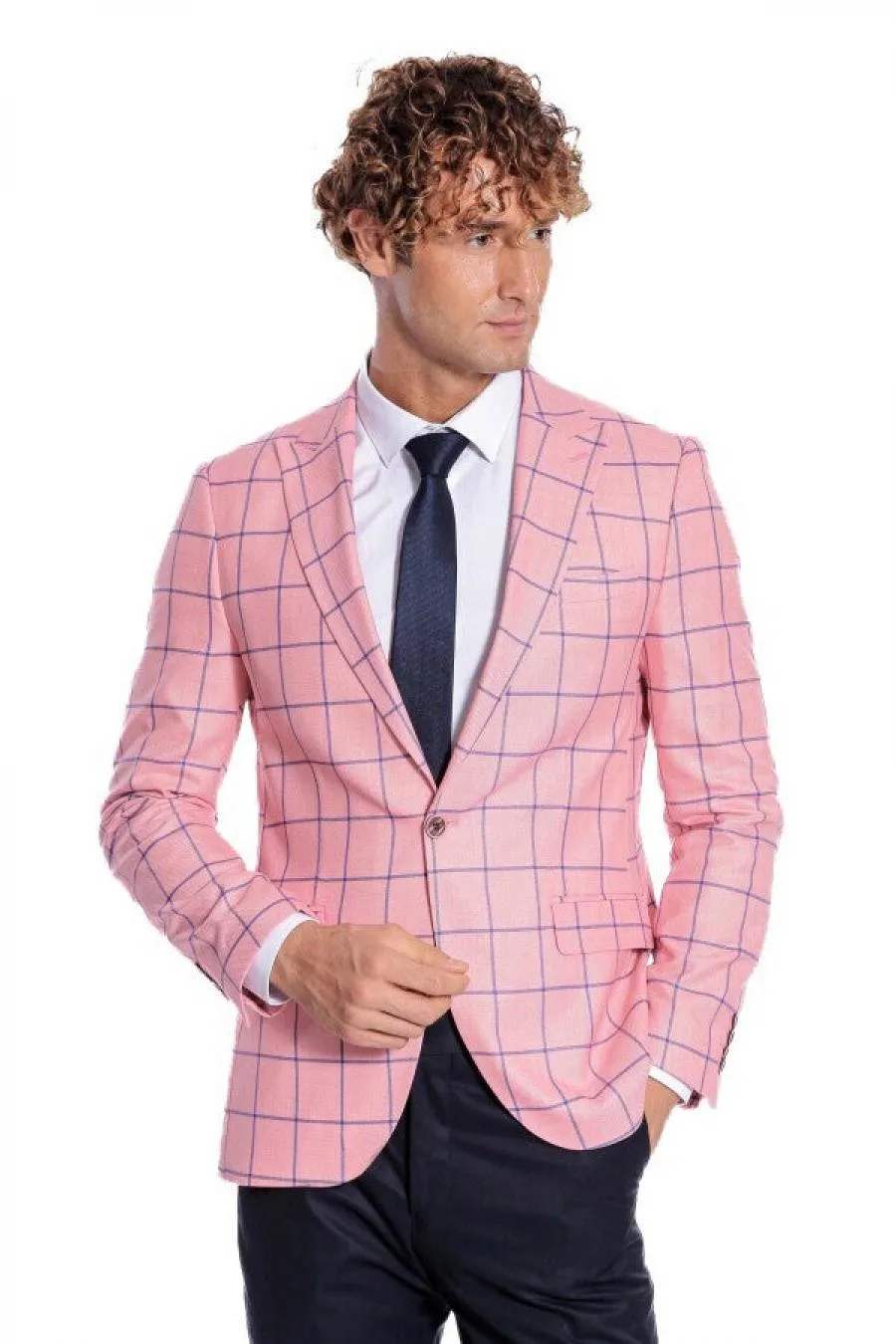 Mavi Kare Desenli Slim Fit Pembe Erkek Ceket - Wessi