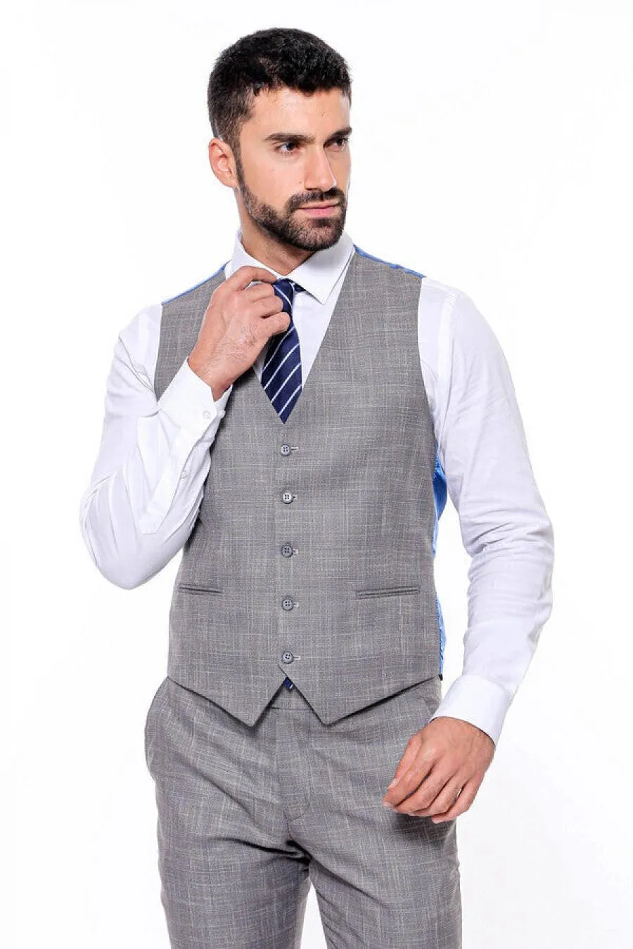 Ekose Desenli Yelekli Slim Fit Gri Erkek Takım Elbise - Wessi