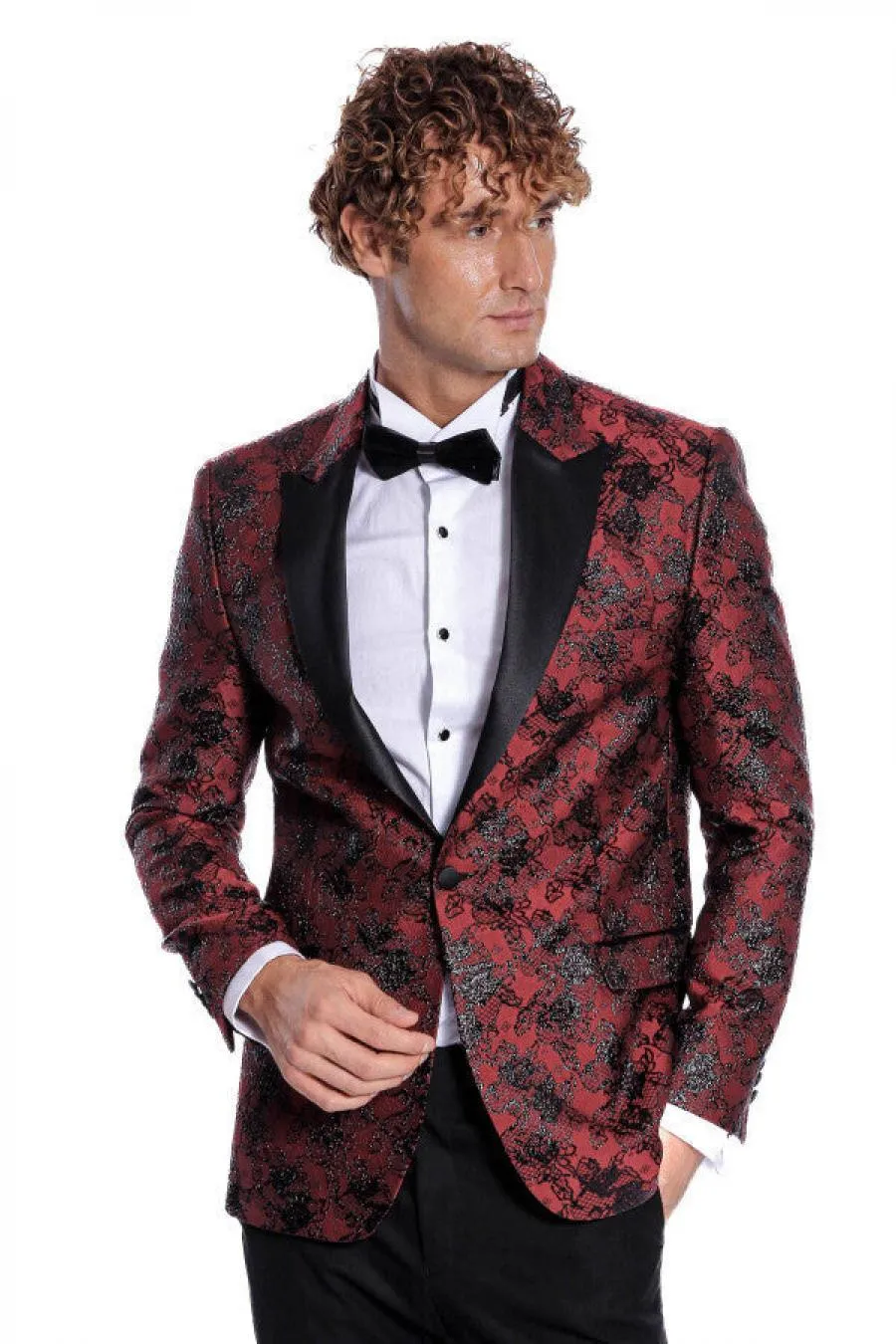 Floral Desenli Slim Fit Bordo Erkek Smokin Ceket - Wessi