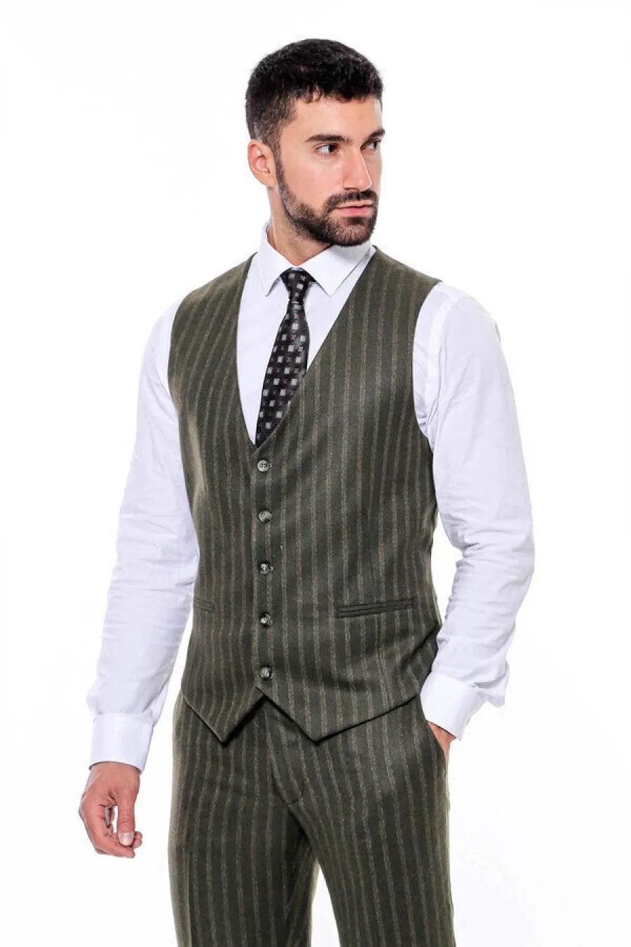 Çizgili Yelekli Yeşil Slim Fit Takım Elbise - Wessi