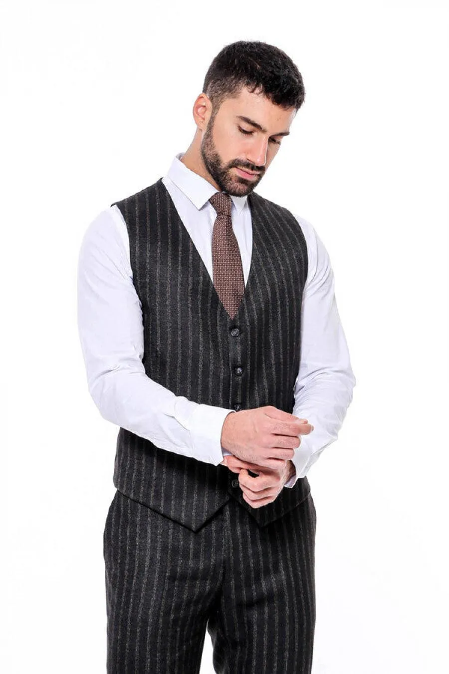 Çizgili Yelekli Siyah Slim Fit Erkek Takım Elbise - Wessi