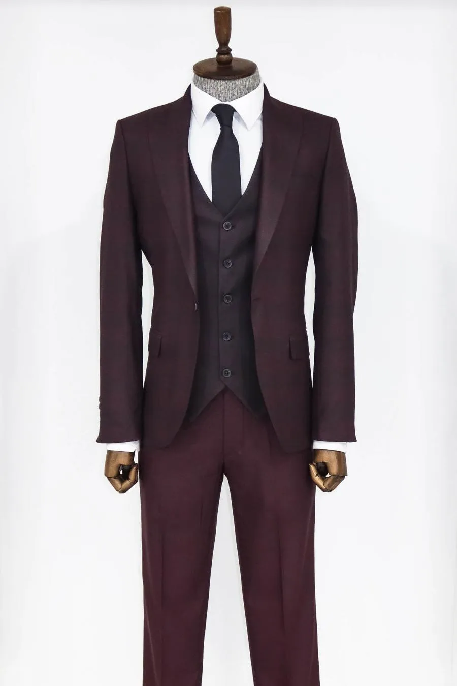 Ekose Ceketli Bordo Slim Fit Takım Elbise - Wessi