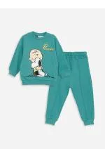 LCW baby Mat Yeşil Bisiklet Yaka Uzun Kollu Snoopy Baskılı Sweatshirt ve Jogger Pantolon 2'li Takım