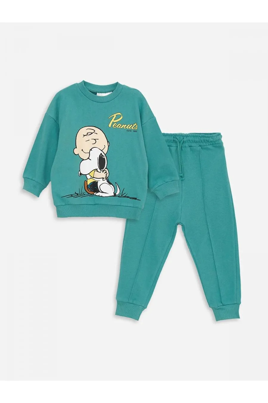 LCW baby Mat Yeşil Bisiklet Yaka Uzun Kollu Snoopy Baskılı Sweatshirt ve Jogger Pantolon 2'li Takım