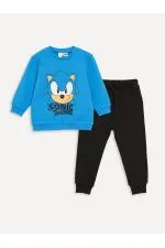 LCW baby Mavi Bisiklet Yaka Sonic Baskılı Erkek Bebek Sweatshirt ve Eşofman Alt 2'li