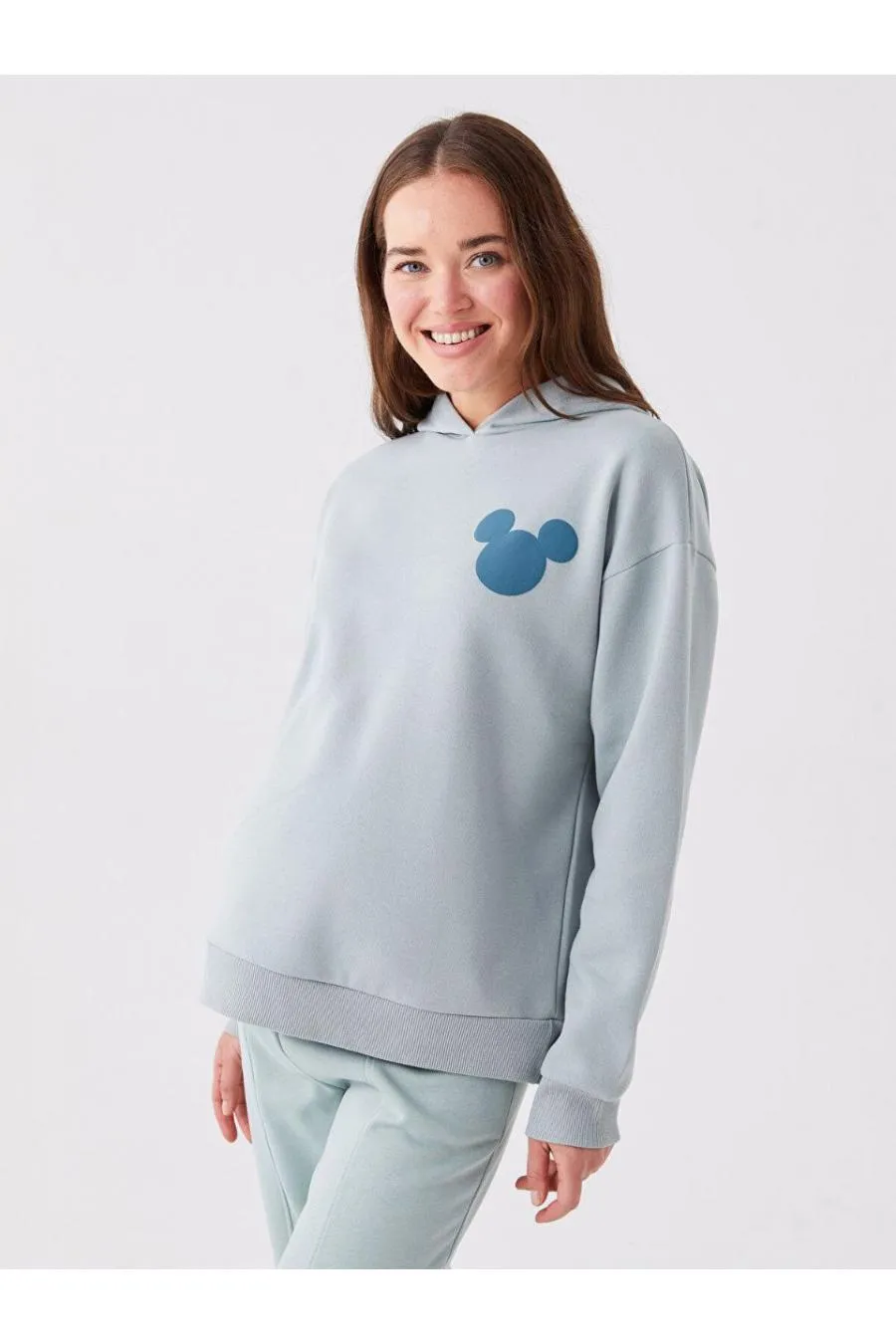 LCWAIKIKI Maternity Mat Yeşil Mickey Mouse Baskılı Uzun Kollu Hamile Hoodie